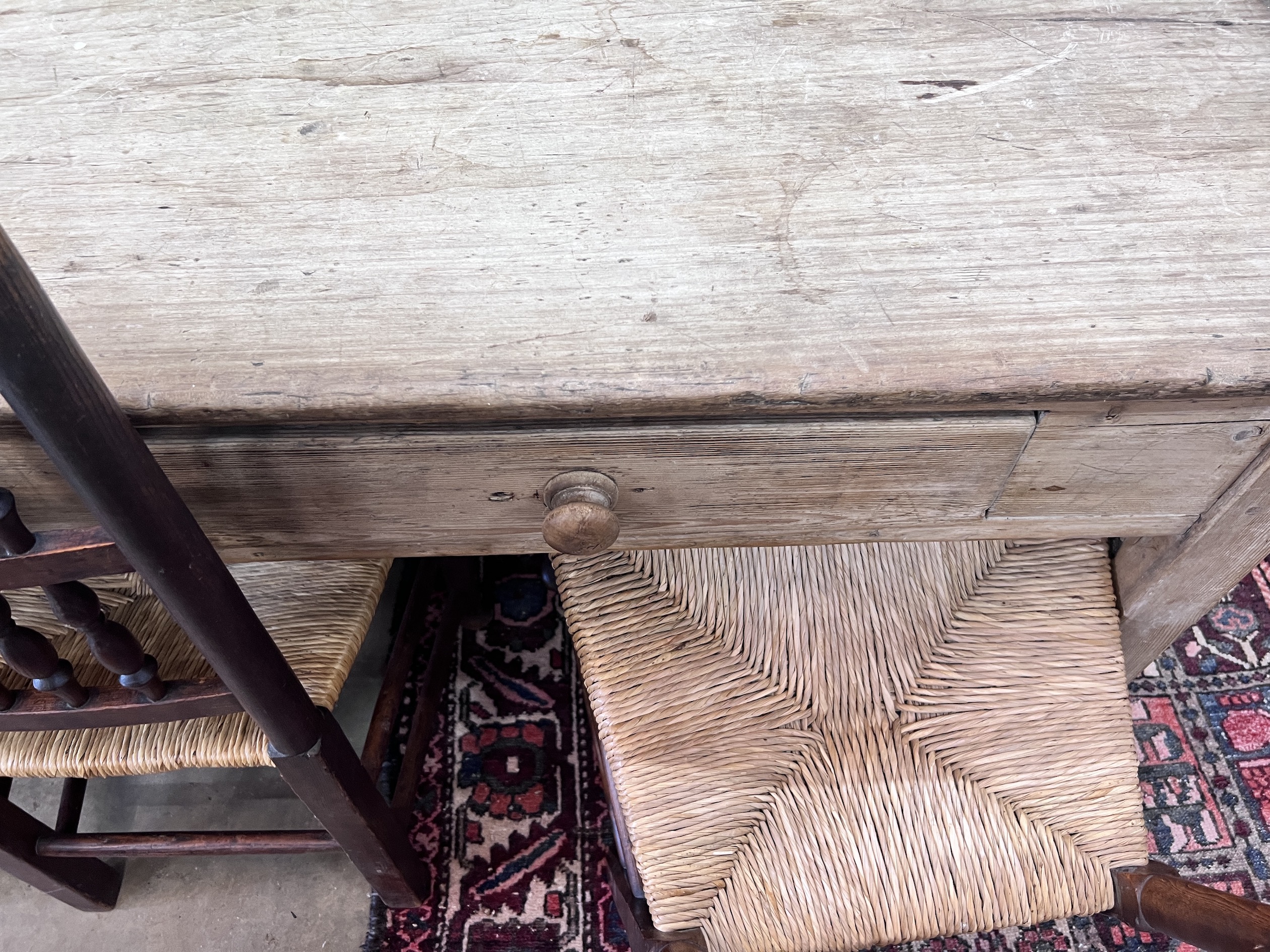 A 19th century rectangular two drawer pine kitchen serving table, length 178cm, depth 77cm, height 79cm